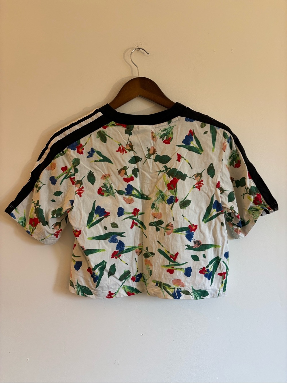 adidas White Floral Crop Tee with Black Stripes - Picture 2 of 5